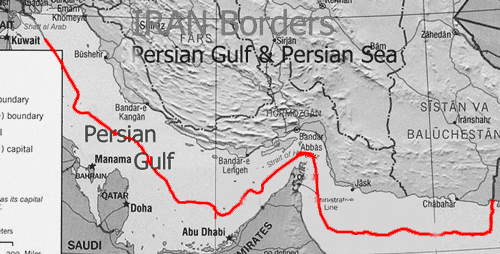 در این تصویر حدود مرز آبی فعلی ایران ا خط قرمز رنگ مشخص شده است. 